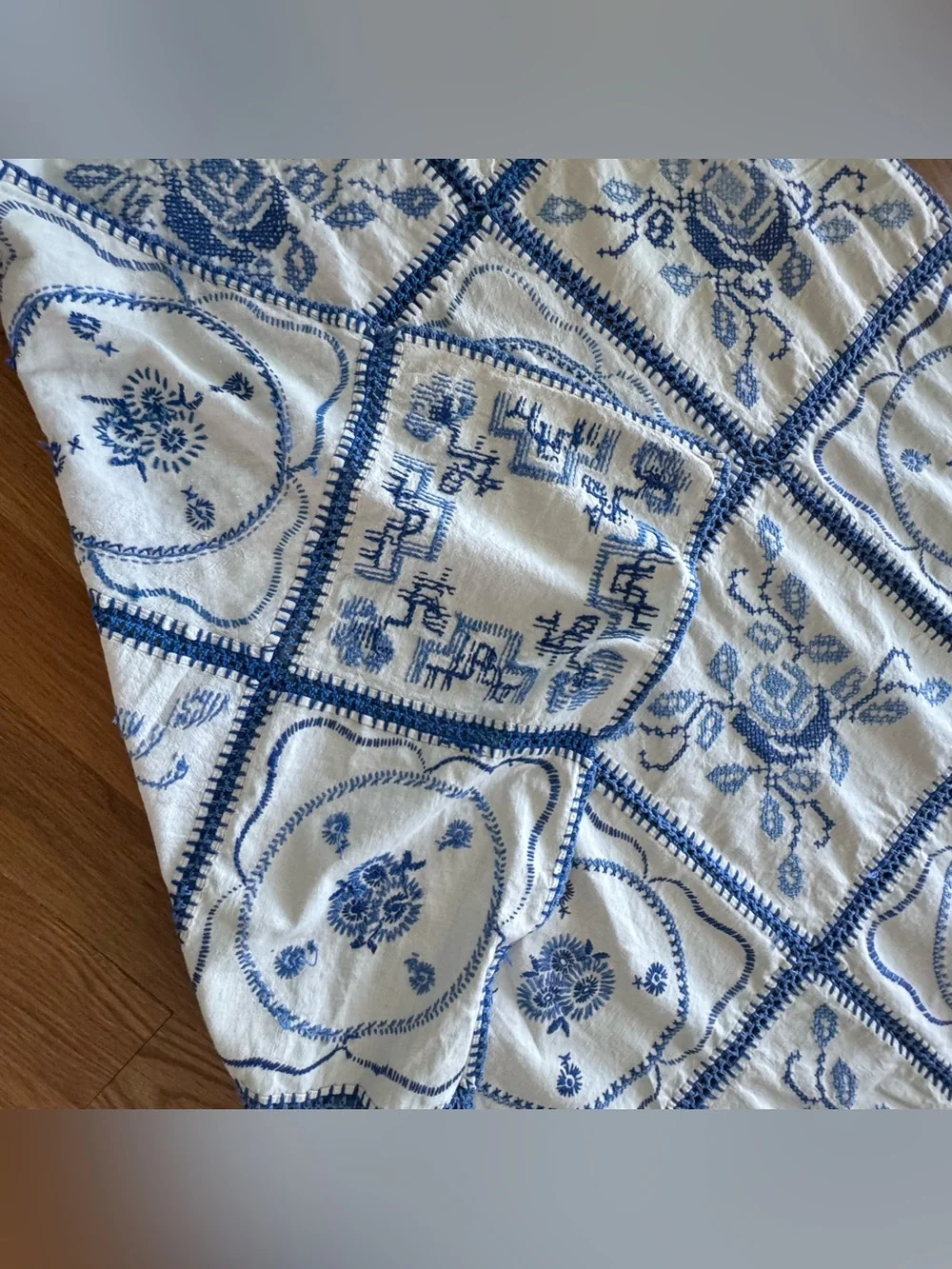 Vintage Hand Embroidered Bluework Table Runner Dresser Scarf Crocheted Floral